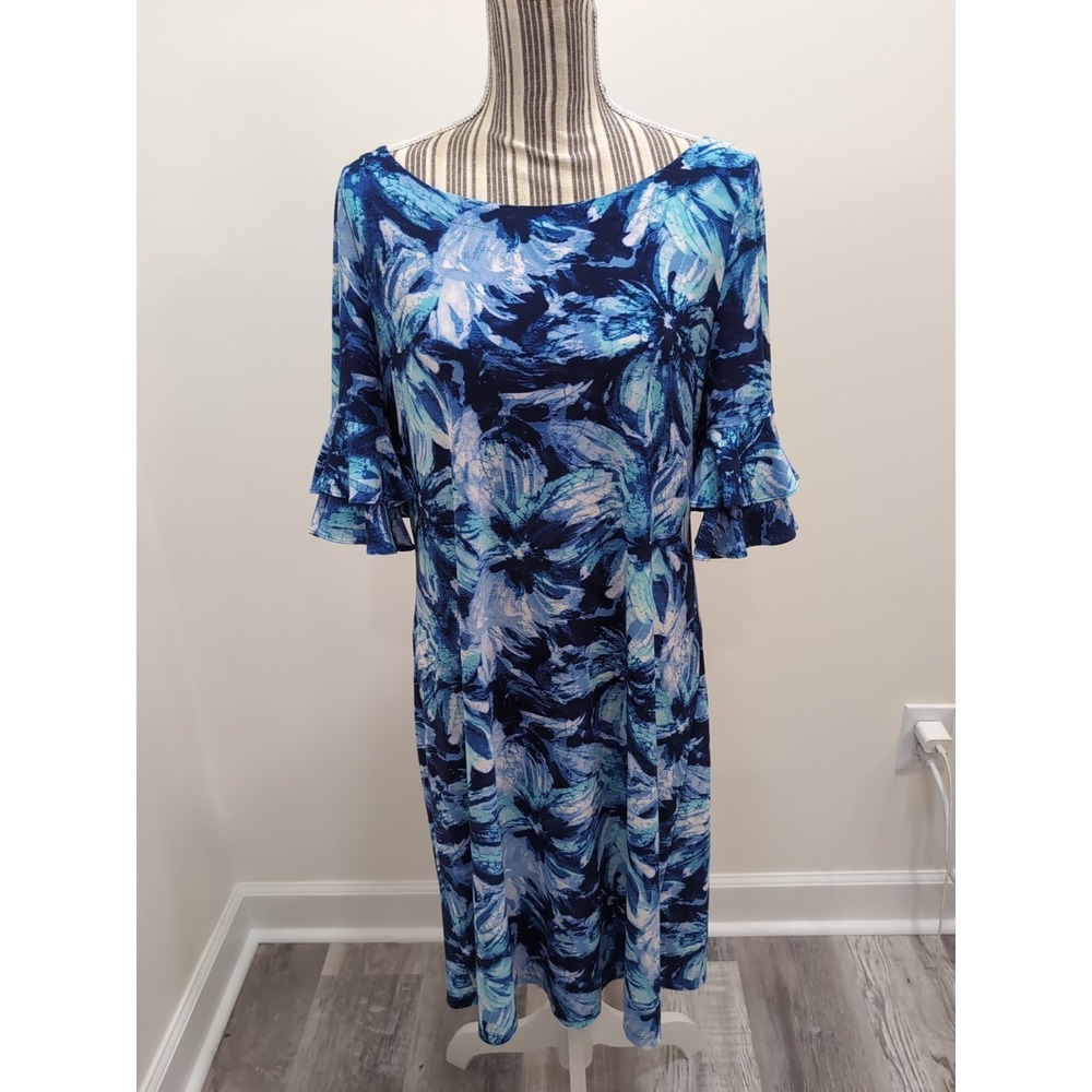 NWOT Pappagallo Ruffle Sleeve Dress Womens Size L Sapphire Blues Floral